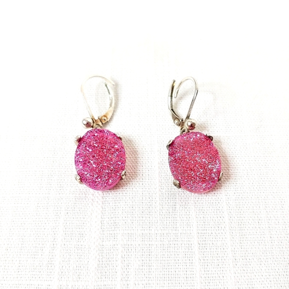 Druzy dangle, lever back earrings. Pink.